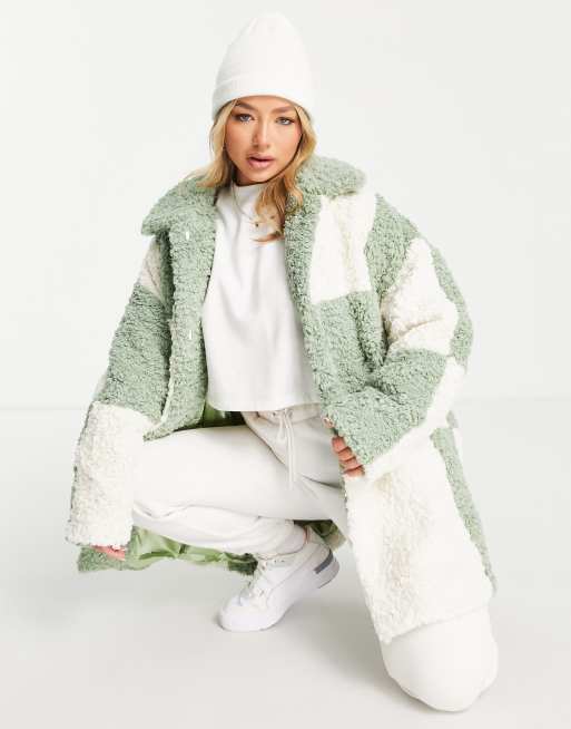 Jayley colourblock check shearling short coat in beige