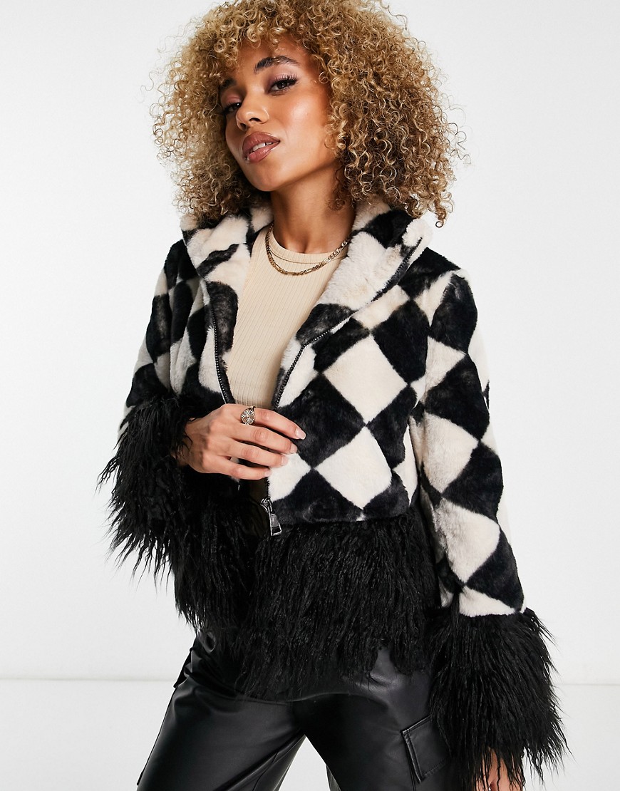 Jayley cropped faux fur diamond check coat in black and white checkerboard-Multi