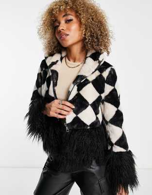 Jayley cropped faux fur diamond check coat in black and white checkerboard  - ASOS Price Checker