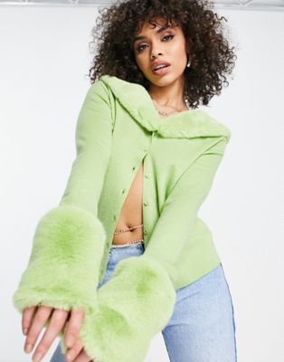 Jayley detachable faux fur 90s cardigan in green