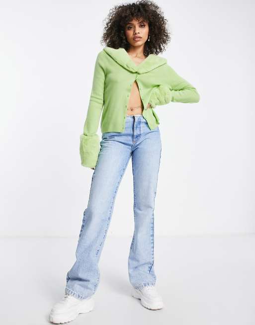 Jayley detachable faux fur 90s cardigan in green | ASOS