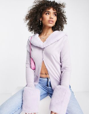 Jayley detachable faux fur 90s cardigan in lilac