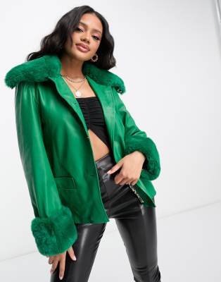 Jayley detachable faux fur trim short jacket in green