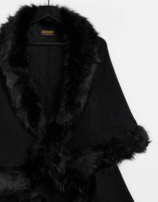 Black cape with faux fur cheap trim