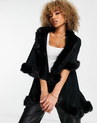 Jayley double layer faux fur trim cape in black