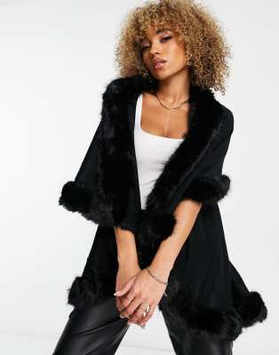 Jayley double layer faux fur trim cape in black - Click1Get2 Half Price