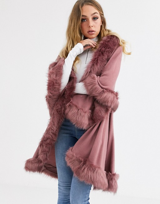 Jayley double layer wool blend poncho with faux fur trims