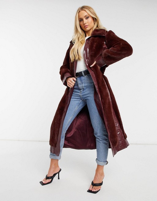 Jayley faux fur and mock croc long coat in burgundy