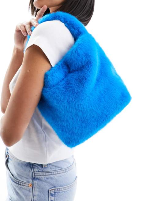 Blue faux cheap fur bag