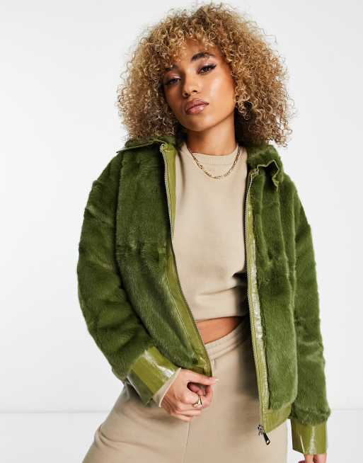 Jayley faux fur bomber jacket with faux leather trims in beige | ASOS