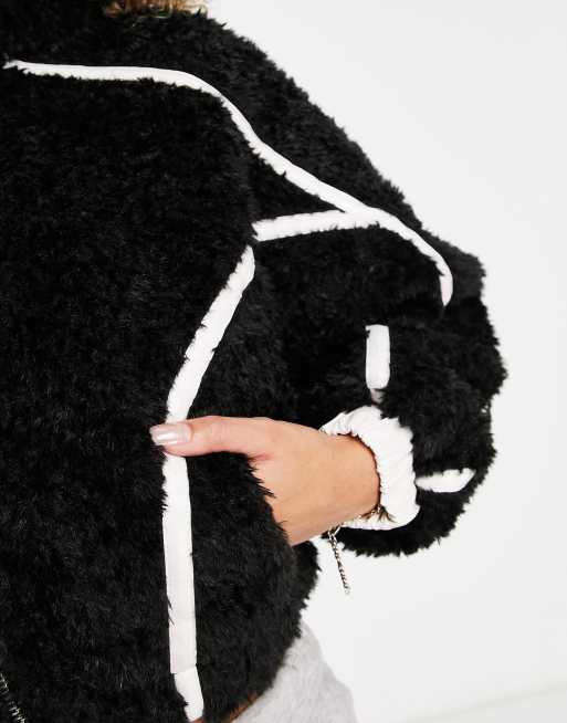 Jayley faux fur bomber jacket with faux leather trims in black and cream, 4 of 4