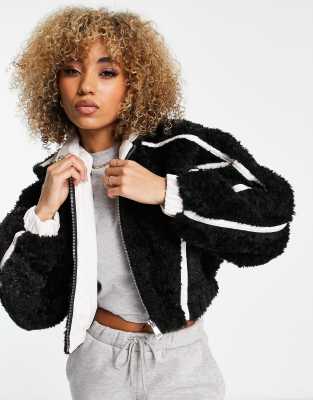 Jayley faux fur bomber with faux leather trims in black and cream