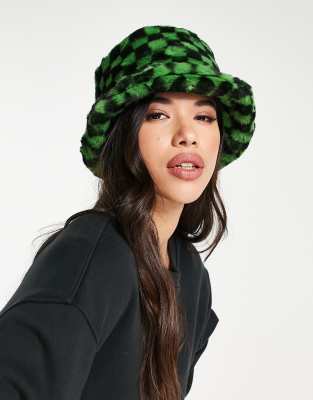 Jayley Faux Fur Bucket Hat In Green Check-multi