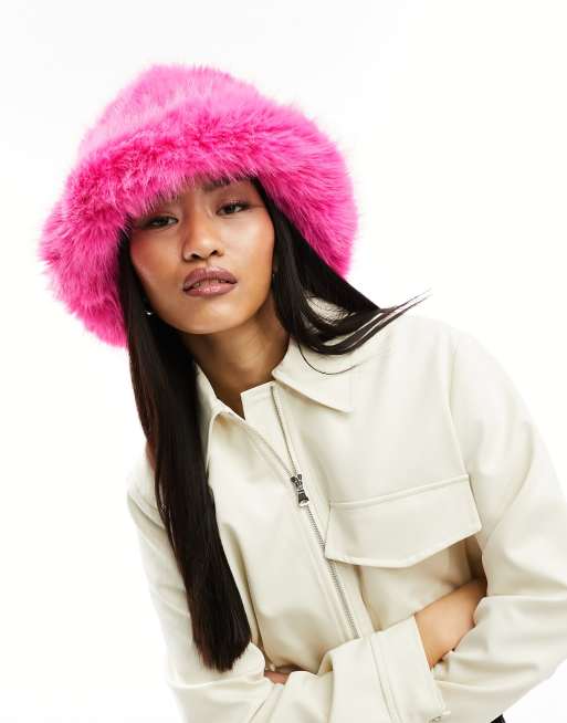 Jayley faux fur bucket hat in hot pink ASOS