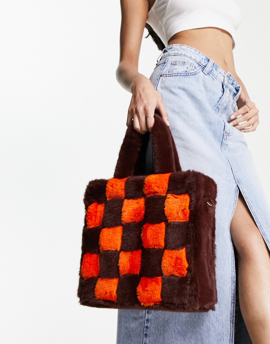 Jayley faux fur check structured tote bag in brown and orange-Multi