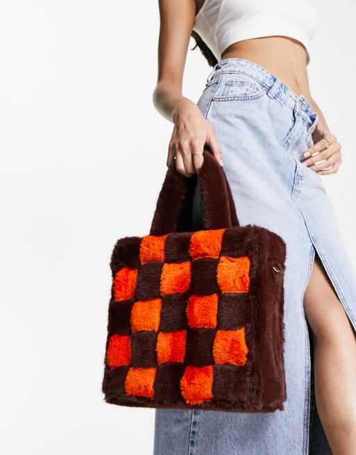 JAYLEY Faux Fur Checkered Bum Bag with Orange Strap Size: One Size Orange One Size JAYLEY