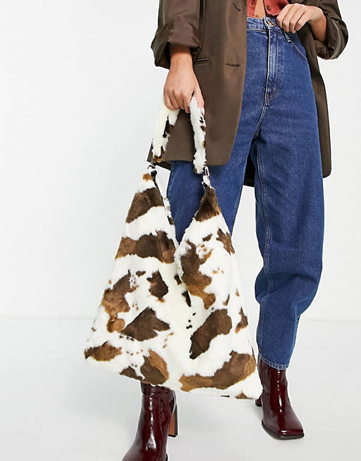 Jayley faux  fur cow print shoulder bag in brown