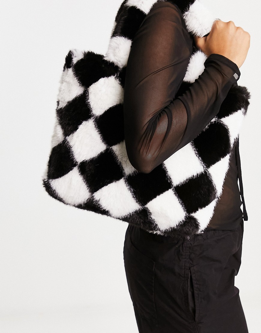 Jayley faux fur mini tote bag in black checkerboard-Multi