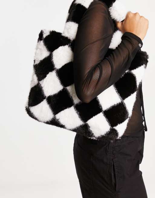 Black & White Checkerboard Furry Crossbody Tote Bag