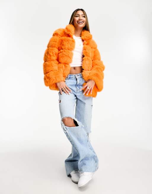 Jayley faux fur ribbed short jacket in orange