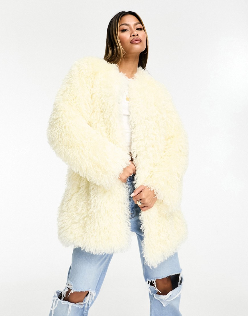 Jayley faux fur shaggy mid coat in cream-White