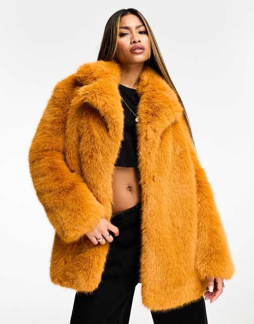 JAYLEY Faux Fur Short Coat in Burnt Orange-Brown - ASOS Outlet