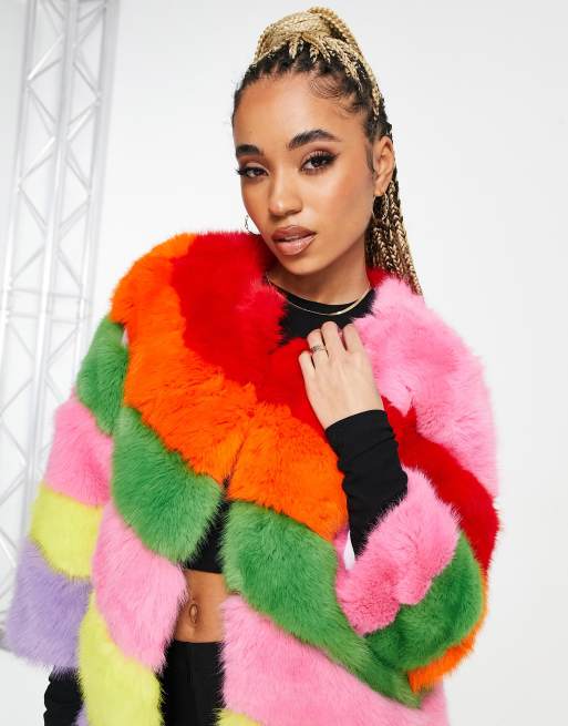 Jayley faux fur statement colored stripe coat in multi | ASOS