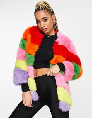 Jayley faux fur statement coloured stripe coat in multi