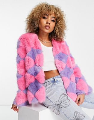 Jayley faux fur statement diamond check coat in pink and lilac
