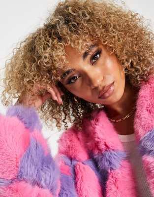 Jayley faux fur statement diamond plaid coat in pink and lilac | ASOS