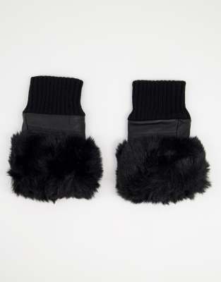 Jayley Faux Fur Trim Fingerless Leather Gloves In Black