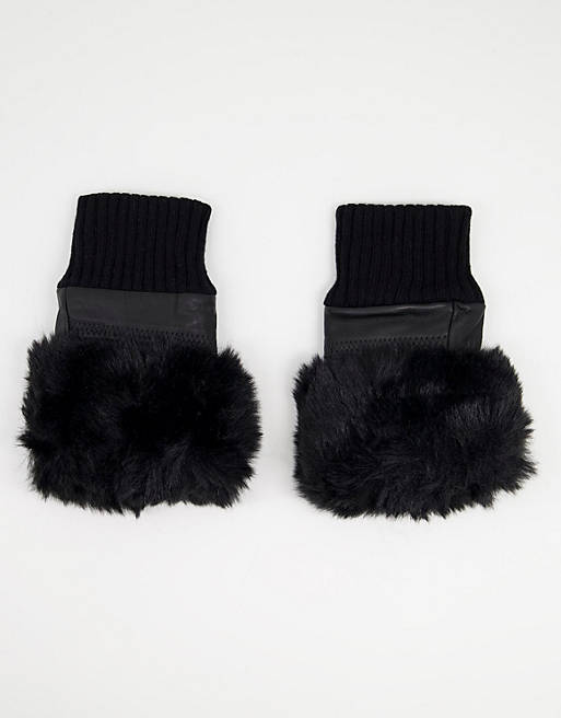 Jayley faux fur trim fingerless leather gloves in black