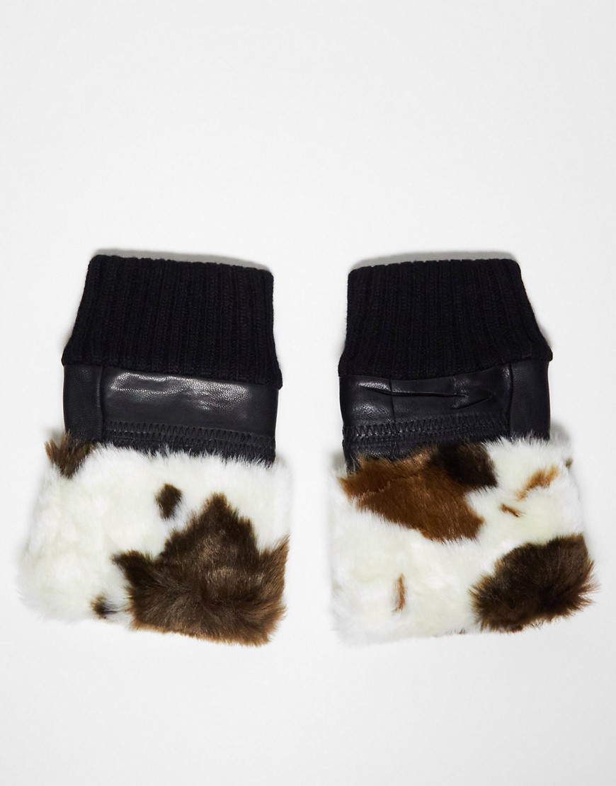 Jayley faux fur trim fingerless leather gloves in cow print-Multi