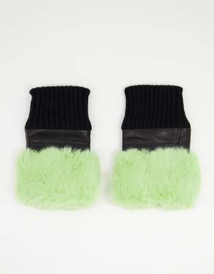 faux fur trim fingerless leather gloves in green