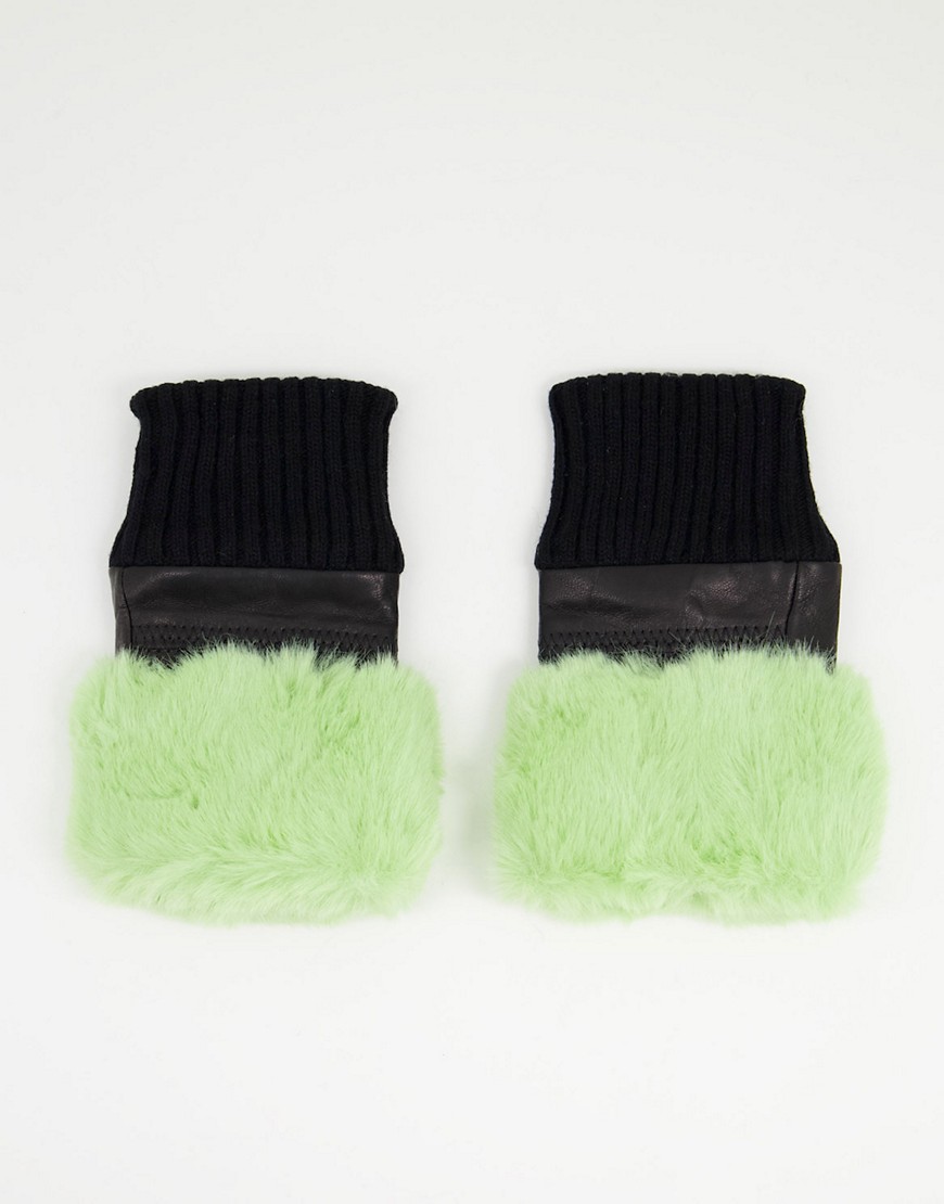Jayley faux fur trim fingerless leather gloves in green