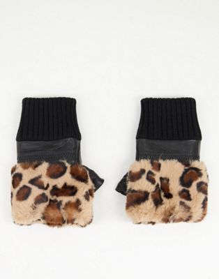 Jayley faux fur trim fingerless leather gloves in leopard