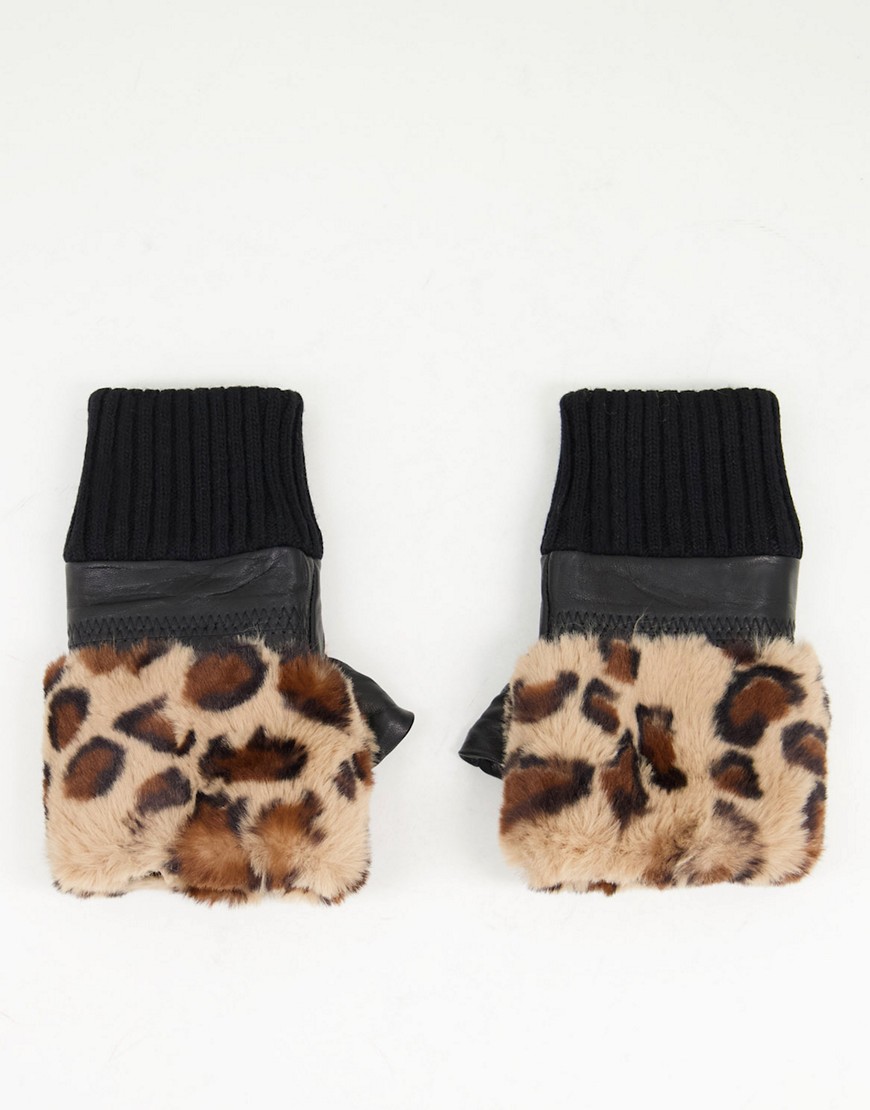Jayley Faux Fur Trim Fingerless Leather Gloves In Leopard-brown