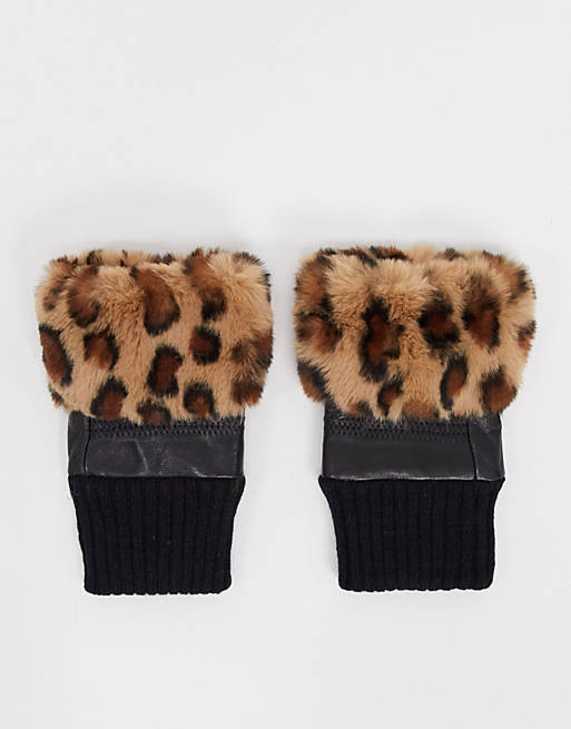 Jayley faux fur trim leather fingerless gloves in black with leopard | ASOS