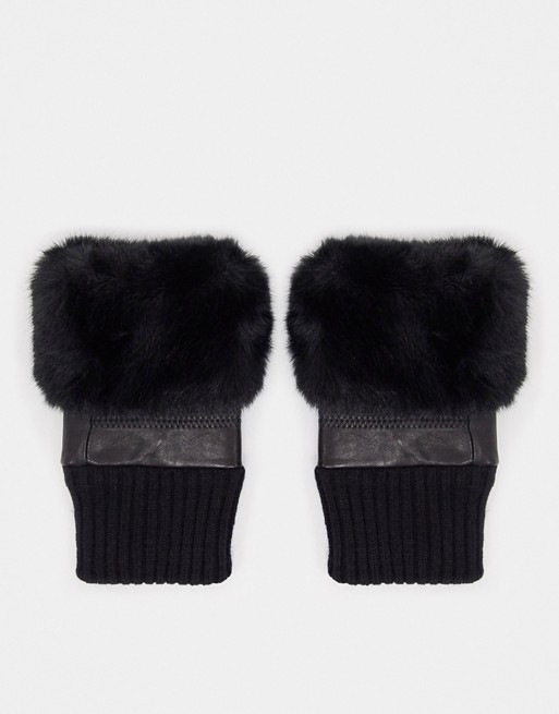 Jayley faux fur trim leather fingerless gloves in black