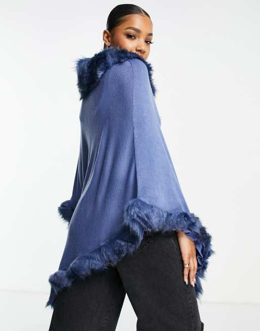 Jayley faux fur trim poncho in blue