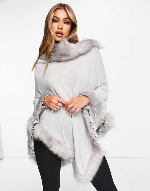 Jayley faux fur trim poncho in grey