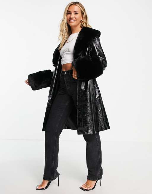 Black midi faux fur coat hotsell