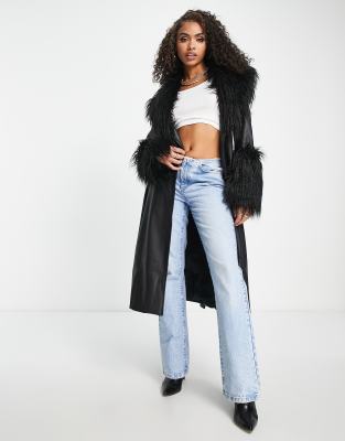 Jayley Jayley faux fur trim tie waist midi coat in black