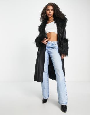 faux fur trim tie waist midi coat in black