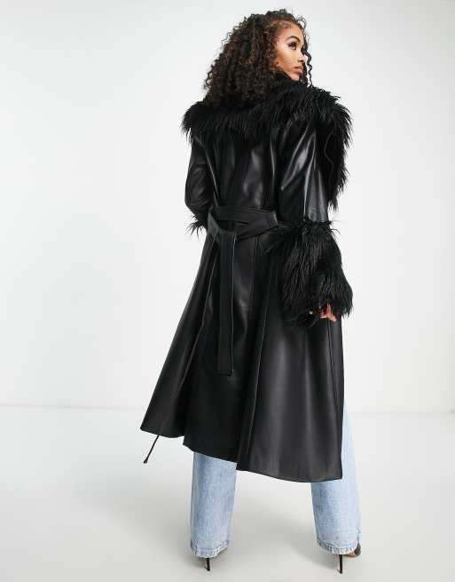 Jayley faux fur trim tie waist midi coat in black