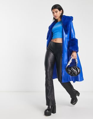 Jayley faux fur trim tie waist midi coat in cobalt