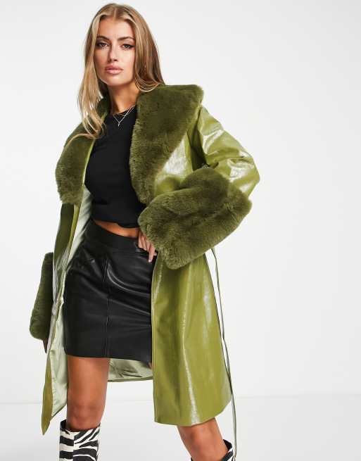 Jayley faux fur trim tie waist midi coat in green