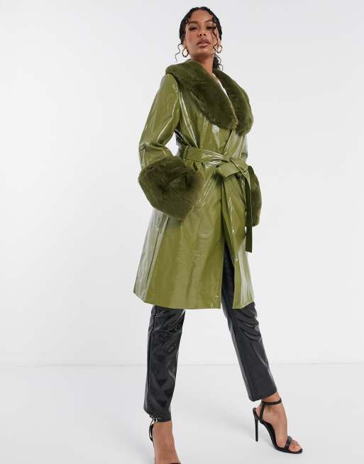 JAYLEY Green Trench Style Belted Coat with Faux Fur Cuffs and