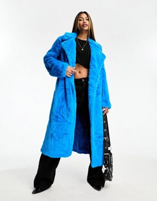 Jayley faux fur wrap midi coat in bright blue - ASOS Price Checker