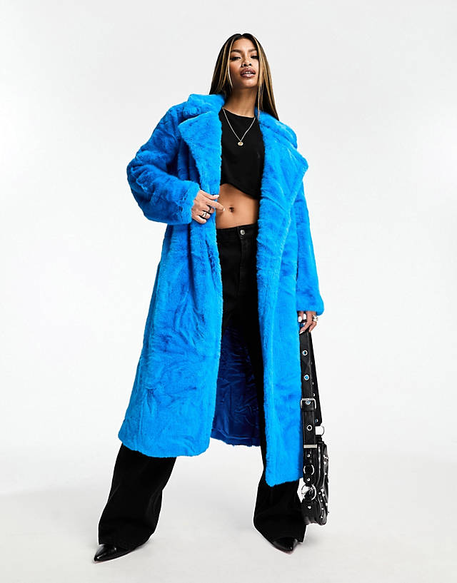Jayley - faux fur wrap midi coat in bright blue